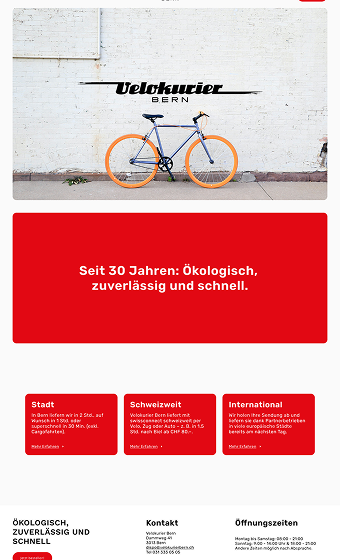 Designentwurf 1: Helles Layout mit Velokurierbern-Logo, Foto-Hero und roten Service-Kacheln