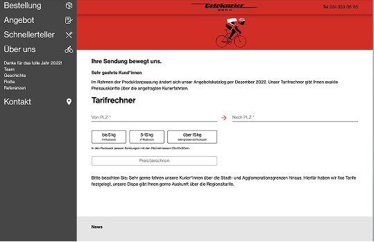 Alte Velokurierbern Website mit Tarifrechner und Sidebar-Navigation